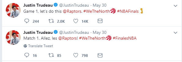 Canadian Politicians Seizing Unique Sport Opportunity: The NBA Finals in Canada - Prime Minister Justin Trudeau Tweets about Raptors