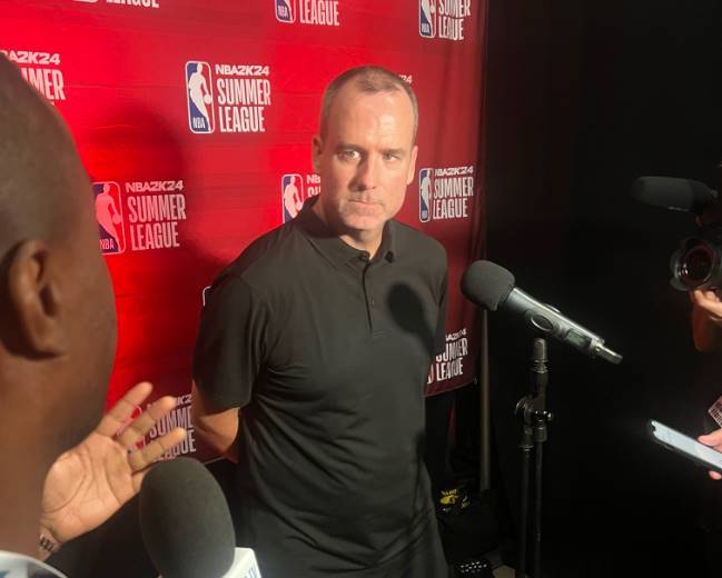Pat Delany taking media questions as the 2023 Toronto Raptors summer league coach
