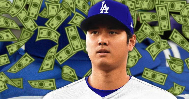Shohei Ohtani in a Los Angeles Dodgers cap and jersey, with illustrated dollar bills in the background.
