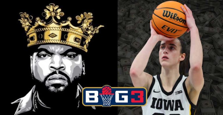 Graphic of Ice Cube and Caitlin Clark, with the BIG3 logo between them; Clark holds a basketball.