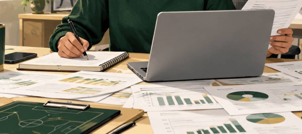Researcher reviewing sport management data and findings