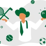 Illustration of a sports administrator surrounded by equipment from multiple sports