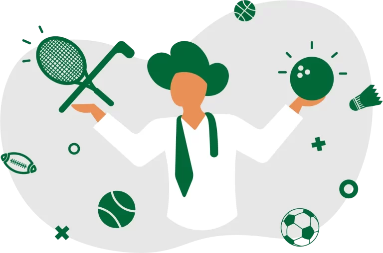 Illustration of a sports administrator surrounded by equipment from multiple sports