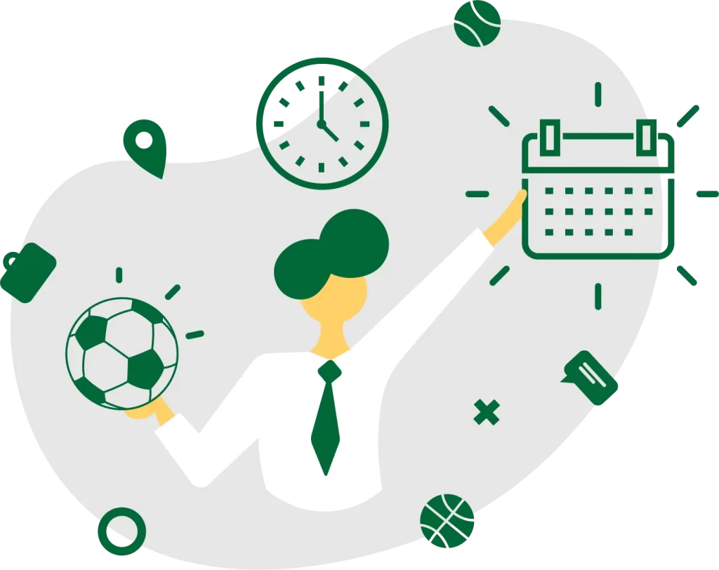 Illustration of a sports event manager with a calendar, clock and sports equipment