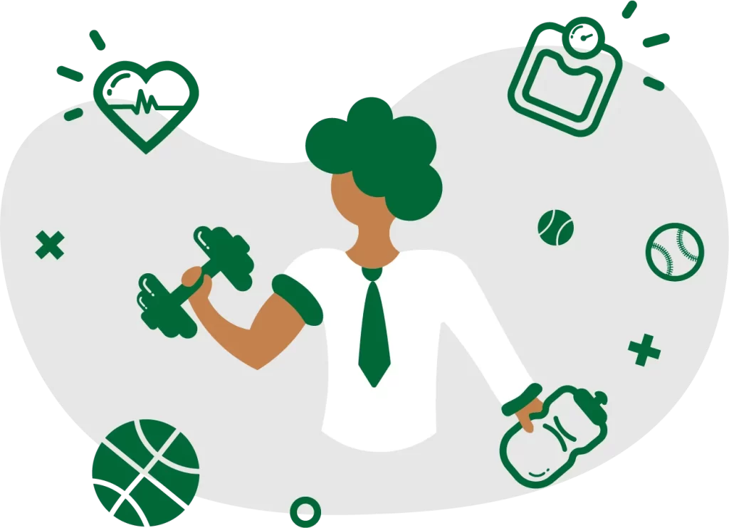 Illustration of a sports health professional with fitness and medical symbols