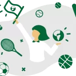 Illustration of an international sports professional surrounded by a globe and sports equipment