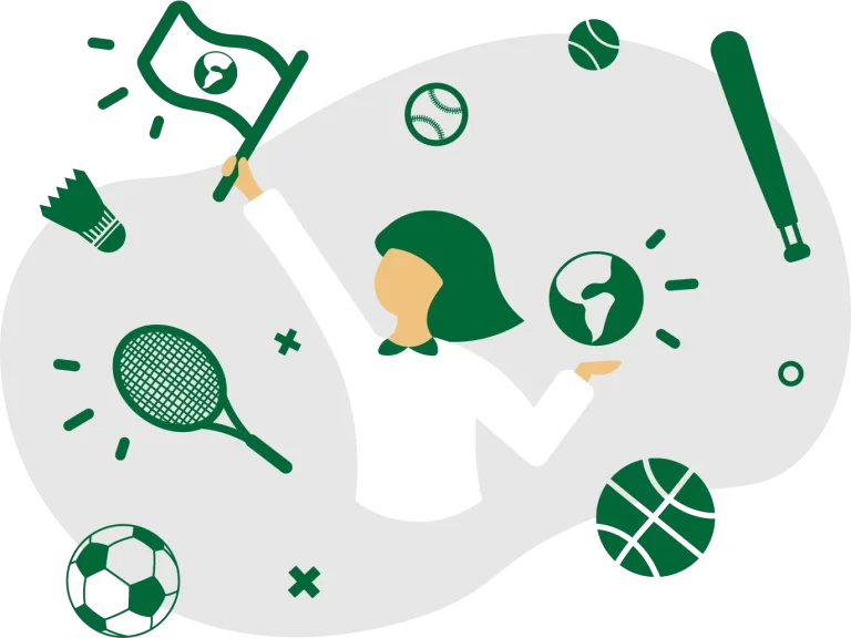 Illustration of an international sports professional surrounded by a globe and sports equipment