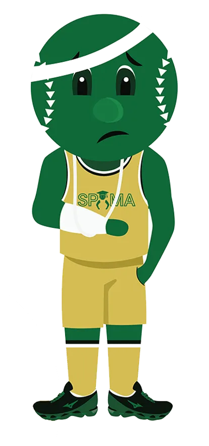SPMA mascot wearing an arm sling and bandage with a disappointed expression