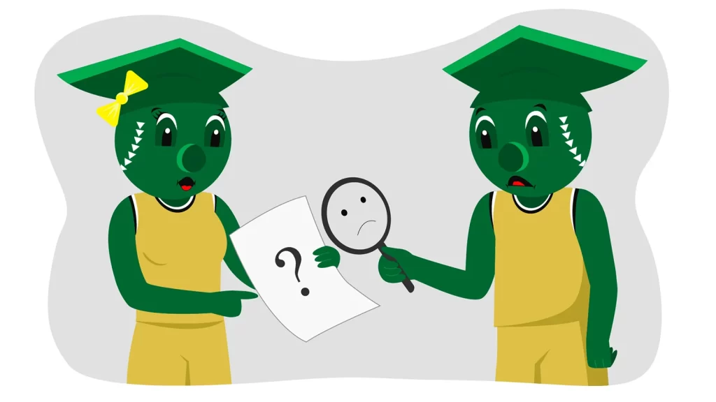 Two SPMA graduate mascots reviewing a question with a magnifying glass