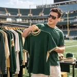 College athlete reviewing apparel with staff beside a stadium field