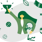 Illustration of a woman sports executive with money, a trophy and sports business charts