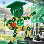 Robot-style SPMA mascot using artificial intelligence and sports analytics displays