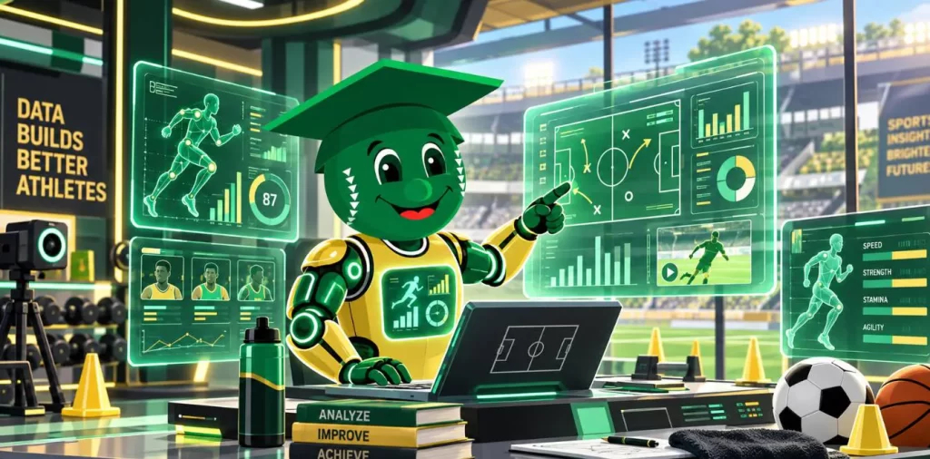 Robot-style SPMA mascot analyzing sports data on multiple digital dashboards