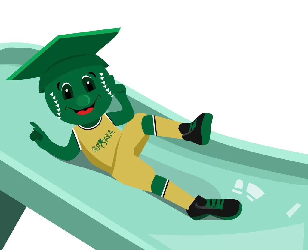 SPMA mascot sliding forward with a graduation cap and sports uniform