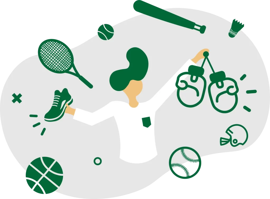 Illustration of a sporting goods professional surrounded by shoes and sports equipment