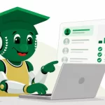 SPMA mascot analyzing sports hiring data and applicant trends on a laptop dashboard