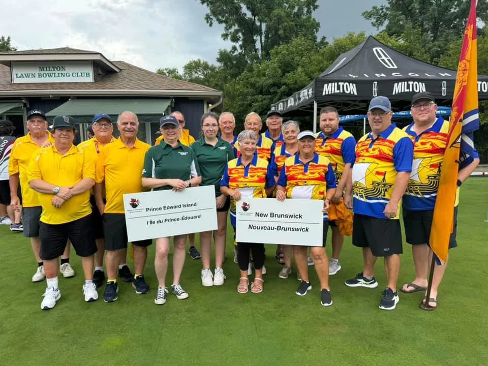 Team New Brunswick at the 2024 national lawn bowling championships in Ontario.