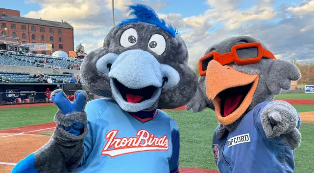 Two baseball mascots posing together at a minor league ballpark