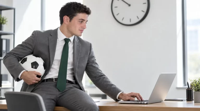 Business professional holding a soccer ball while working on a laptop in an office