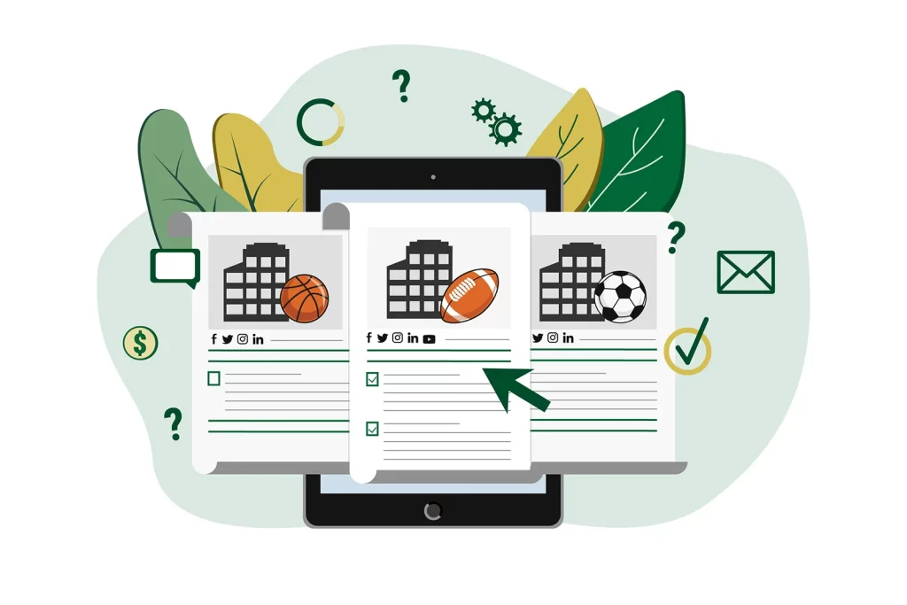 Illustration of multiple sports organization profiles displayed on a tablet