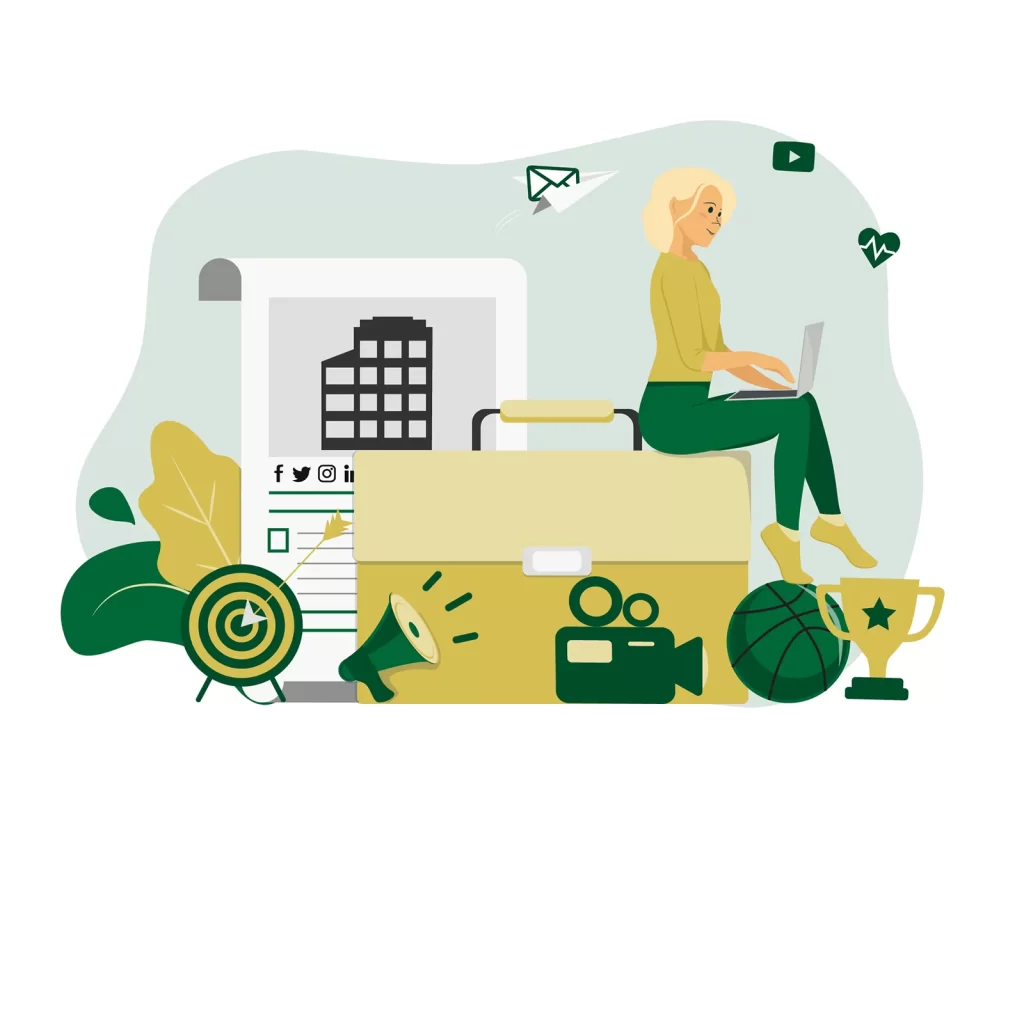 Illustration of a sports business briefcase with digital media, communications and analytics symbols