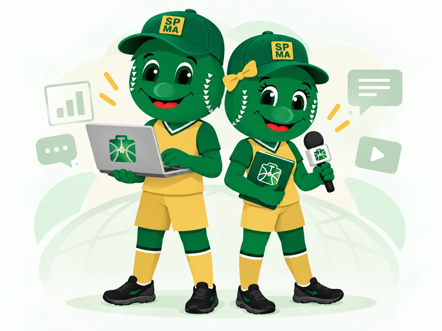 Two SPMA mascots representing the Sport Management Hub team