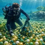 Diver collecting golf balls underwater from the bottom of a pond