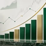 Green and gold revenue chart rising beside a sports trophy