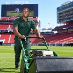 Stadium grounds crew member preparing a soccer field before an event